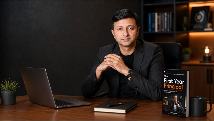 Thomas Koshy at his desk with The First-Year Principal